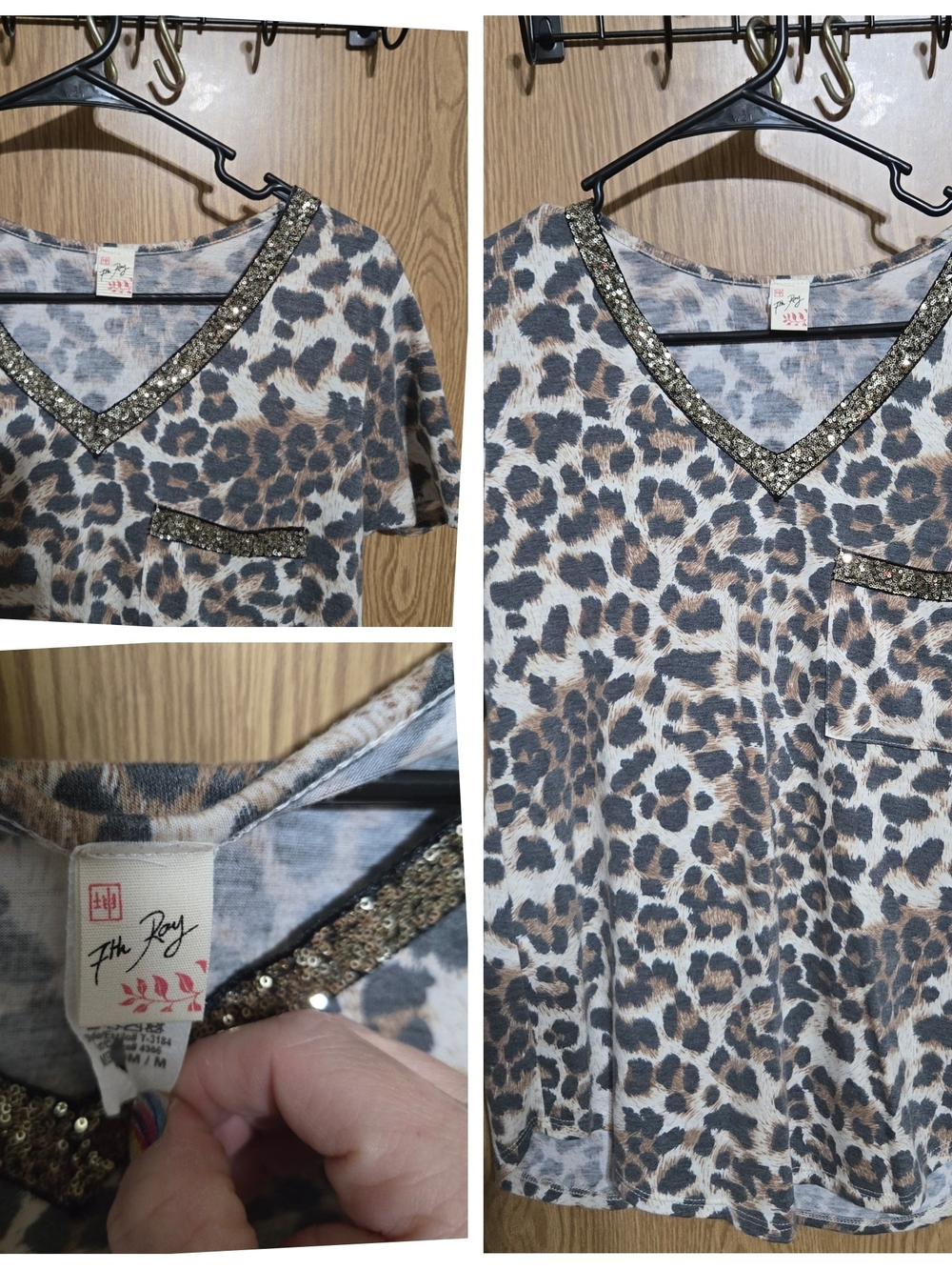 The Roy Sequin-Trim Leopard V-Neck Short Sleeve Top - Brown/Black